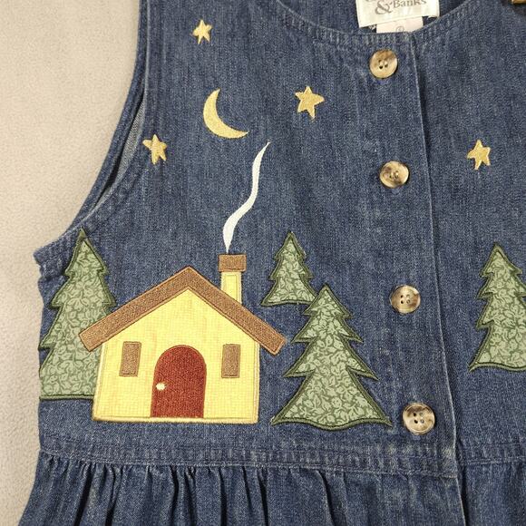 Vintage Denim Dress Womens 6 Nature Bear Cabin Embroidered Novelty Cottagecore - Picture 4 of 16